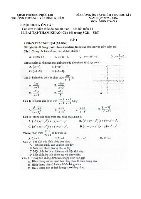Đề cương ôn tập Học kì 1 Toán 8 năm 2025–2026 trường THCS Nguyễn Bỉnh Khiêm (Hà Nội)